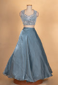 Steel Blue Embroidered Lehenga Set with Sleeveless Blouse & Net Dupatta for Women