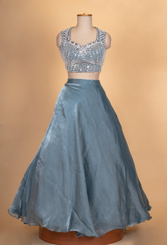 Steel Blue Embroidered Lehenga Set with Sleeveless Blouse & Net Dupatta for Women