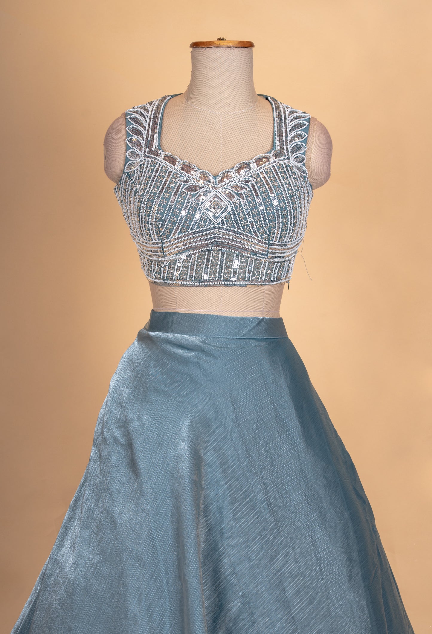 Steel Blue Embroidered Lehenga Set with Sleeveless Blouse & Net Dupatta for Women