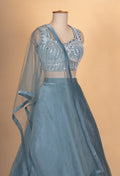 Steel Blue Embroidered Lehenga Set with Sleeveless Blouse & Net Dupatta for Women