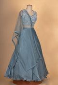 Steel Blue Embroidered Lehenga Set with Sleeveless Blouse & Net Dupatta for Women