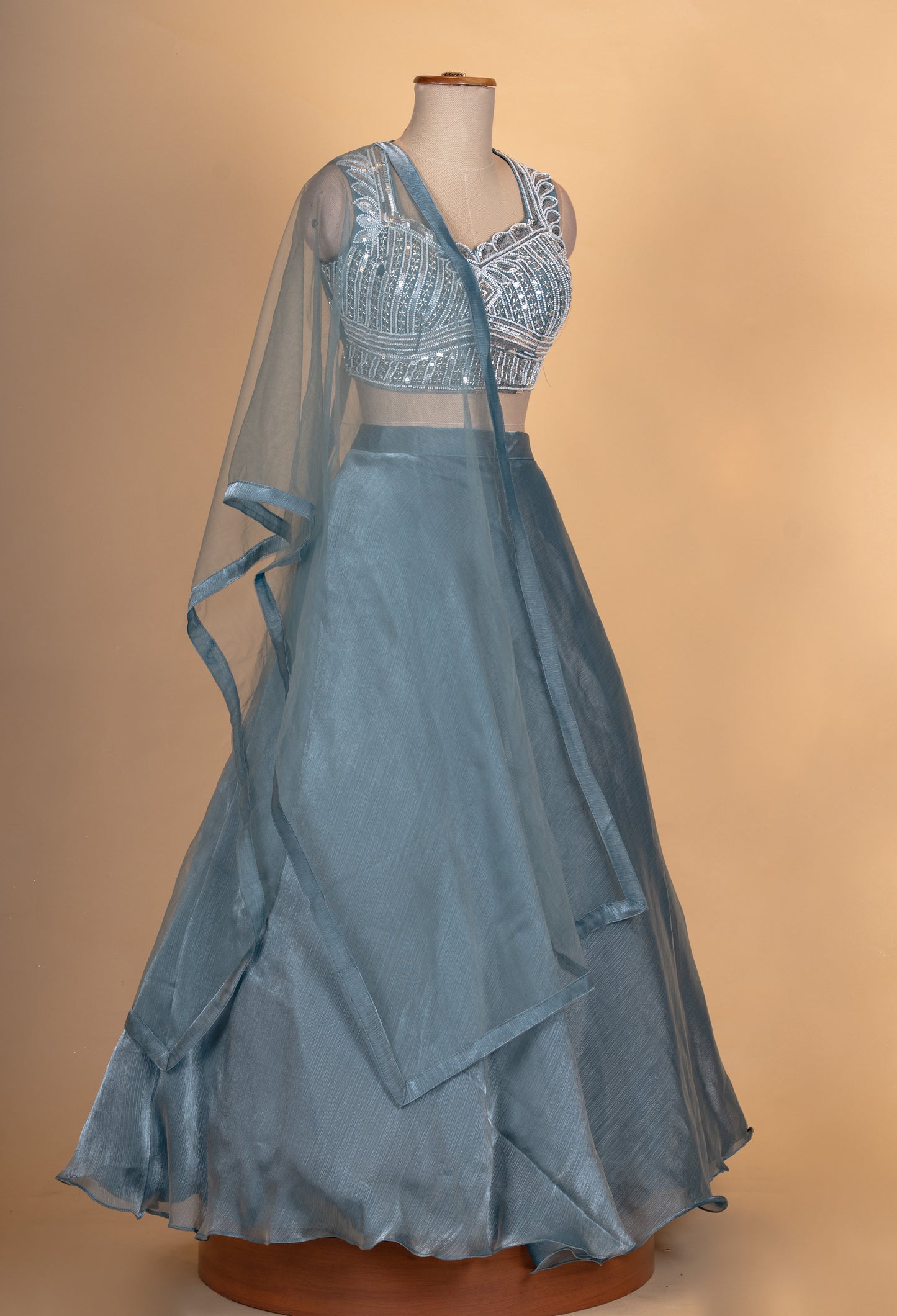 Steel Blue Embroidered Lehenga Set with Sleeveless Blouse & Net Dupatta for Women