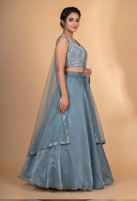 Steel Blue Embroidered Lehenga Set with Sleeveless Blouse & Net Dupatta for Women