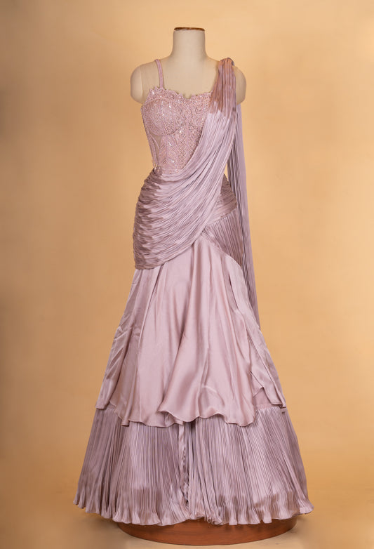 Dusty mauve pleated lehenga set with embellished blouse and dupatta – product image 2