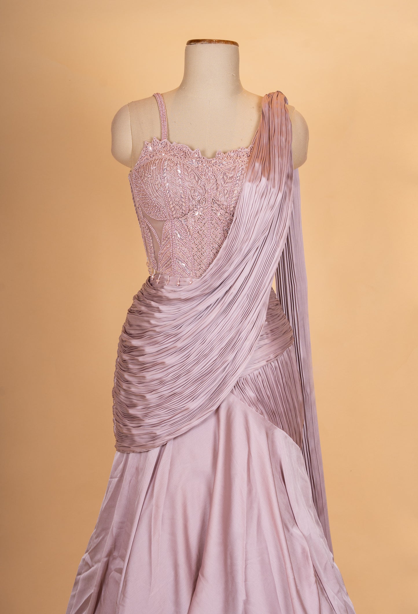 Dusty Mauve Pleated Lehenga Set with Embellished Blouse & Drape Dupatta for Women