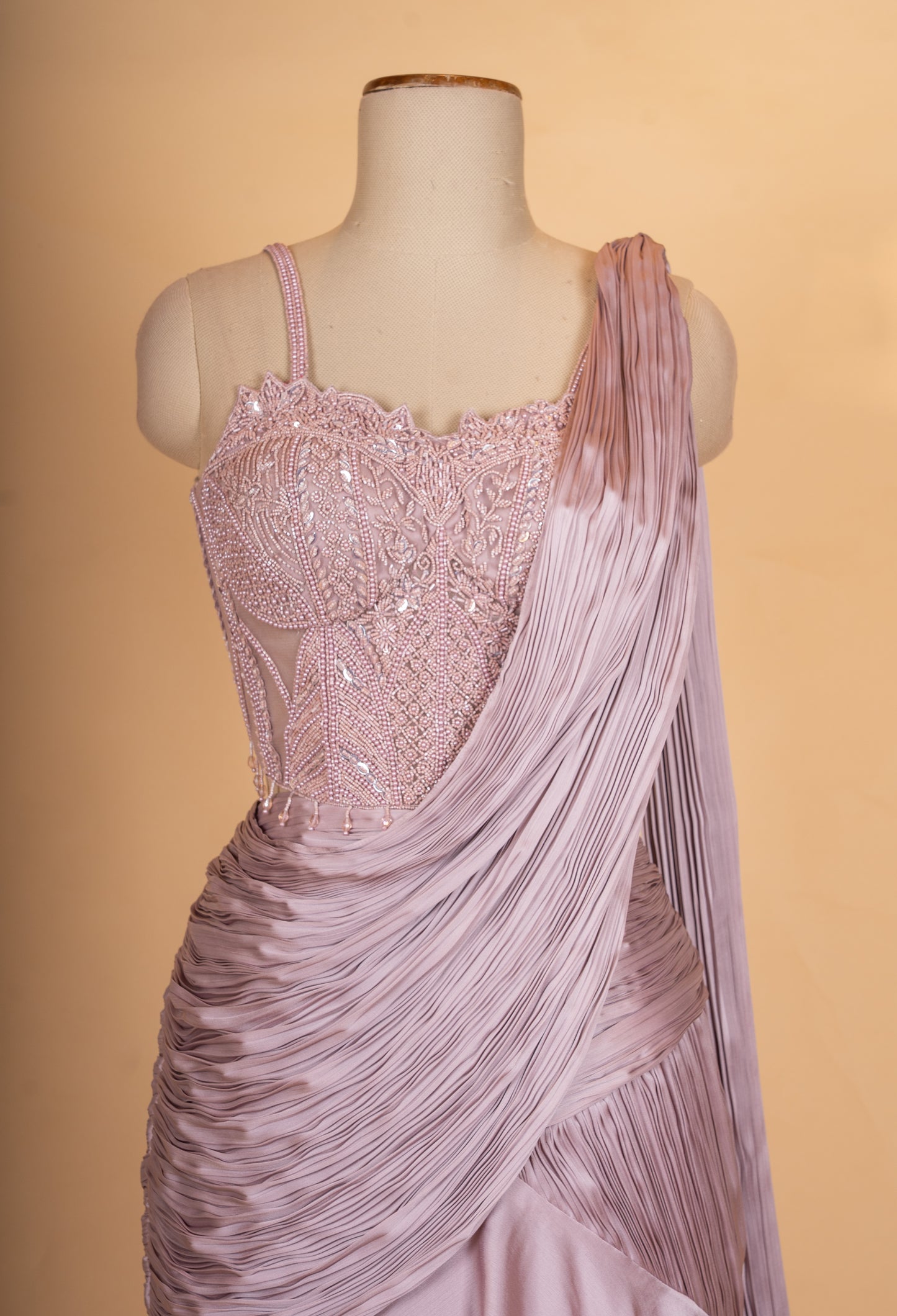 Dusty Mauve Pleated Lehenga Set with Embellished Blouse & Drape Dupatta for Women