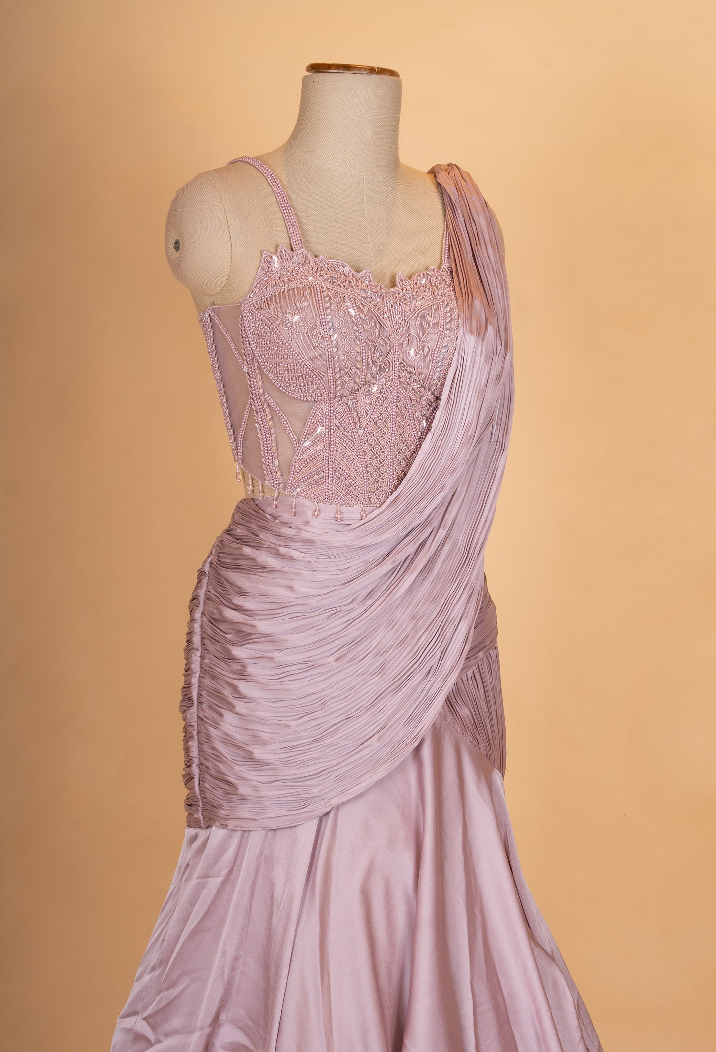 Dusty Mauve Pleated Lehenga Set with Embellished Blouse & Drape Dupatta for Women