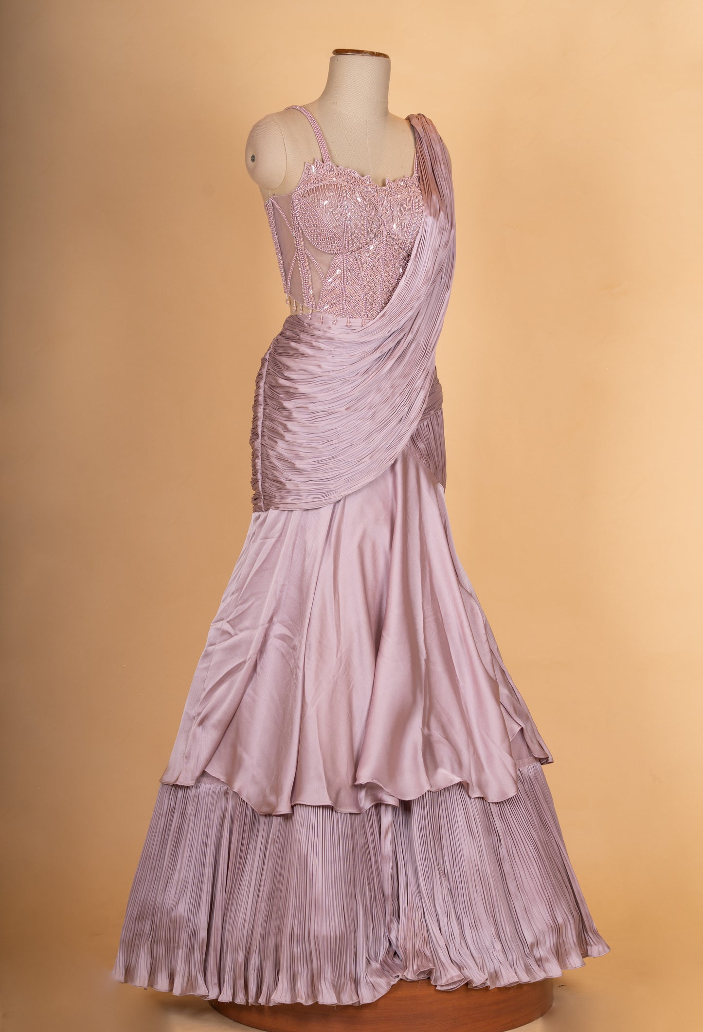 Dusty Mauve Pleated Lehenga Set with Embellished Blouse & Drape Dupatta for Women