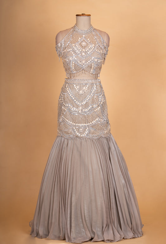 Taupe grey embellished lehenga set with cold-shoulder blouse – product image 2