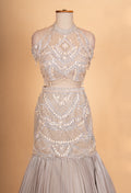 Taupe Grey Embellished Lehenga Set with Cold Shoulder Blouse for Women