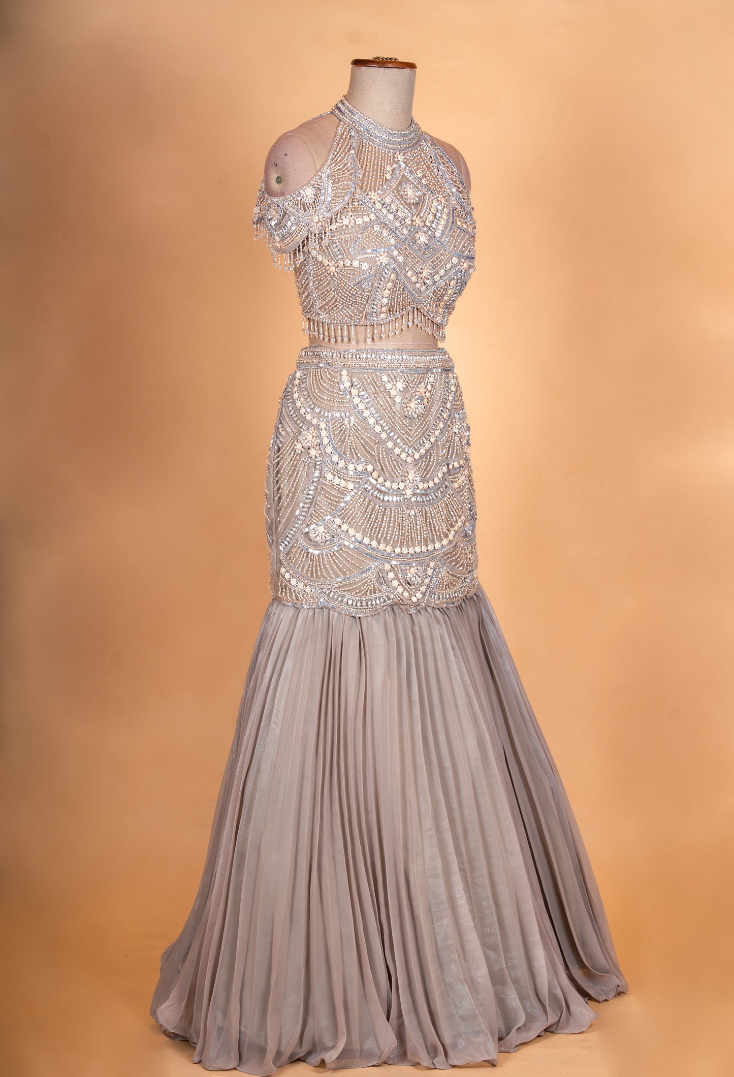 Taupe Grey Embellished Lehenga Set with Cold Shoulder Blouse for Women