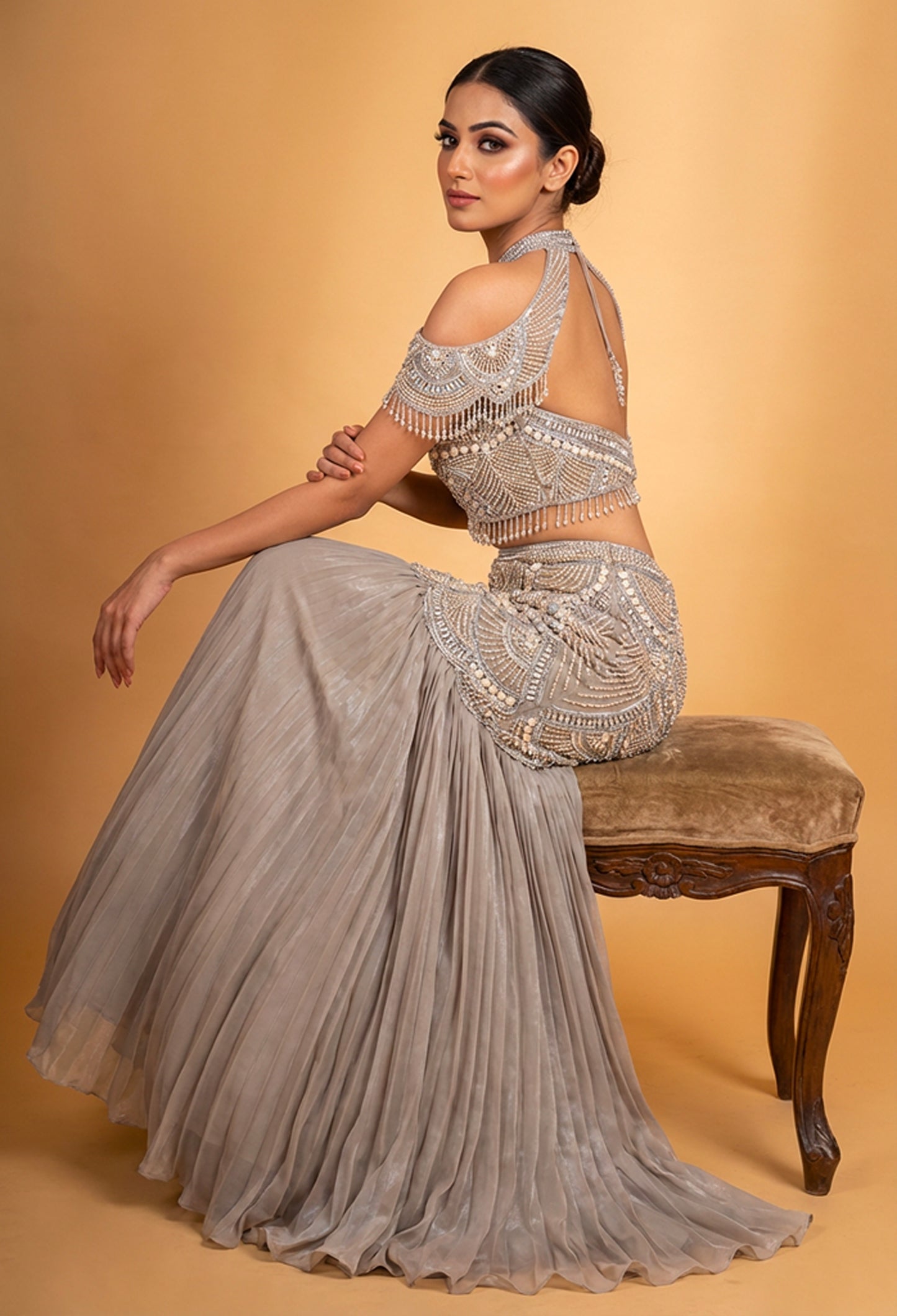 Taupe Grey Embellished Lehenga Set with Cold Shoulder Blouse for Women