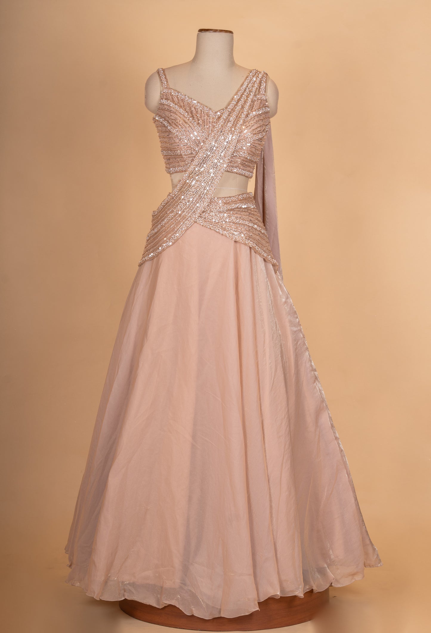 Blush Pink Sequin Embroidered Lehenga Set with Drape Dupatta for Women