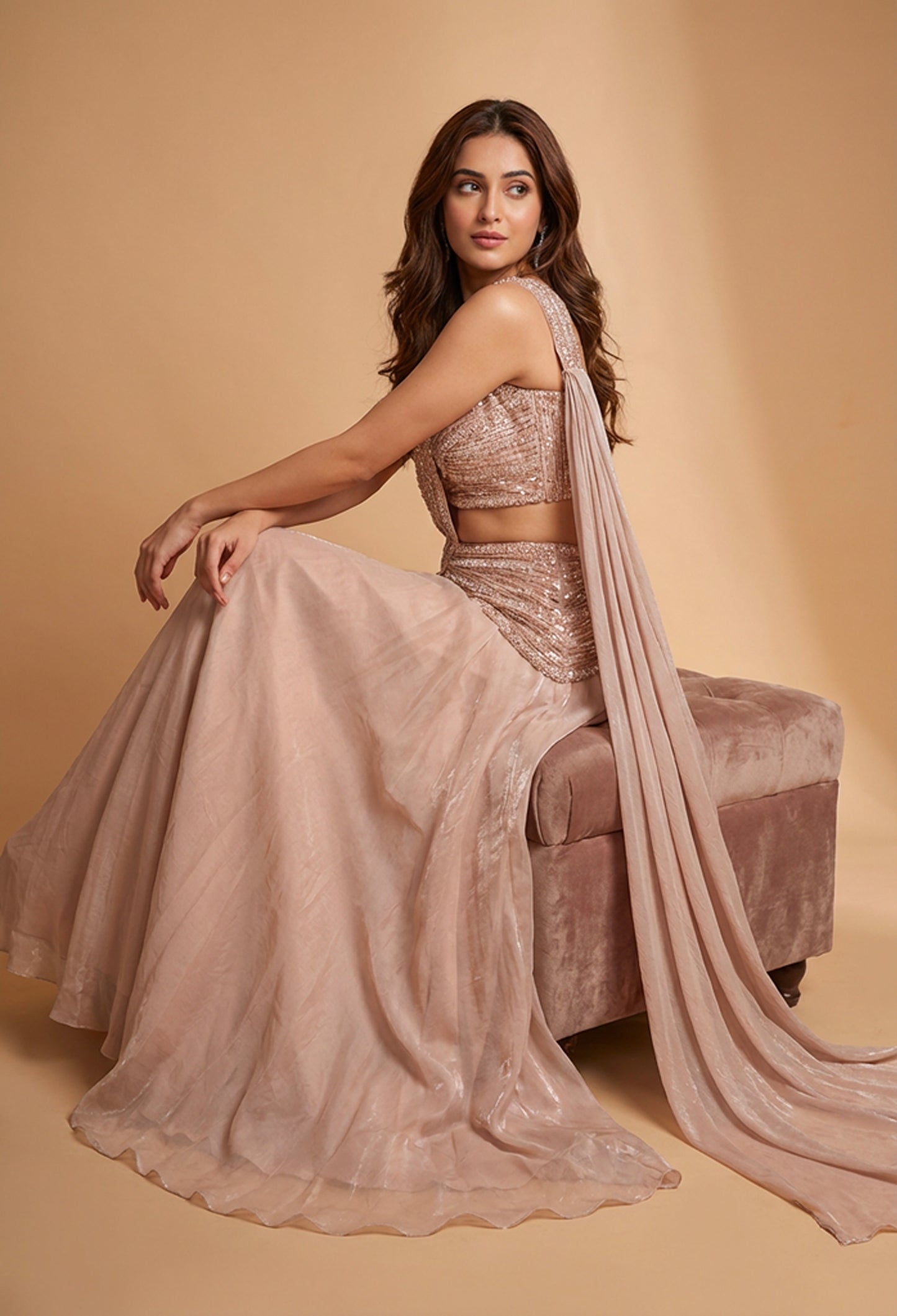 Blush Pink Sequin Embroidered Lehenga Set with Drape Dupatta for Women