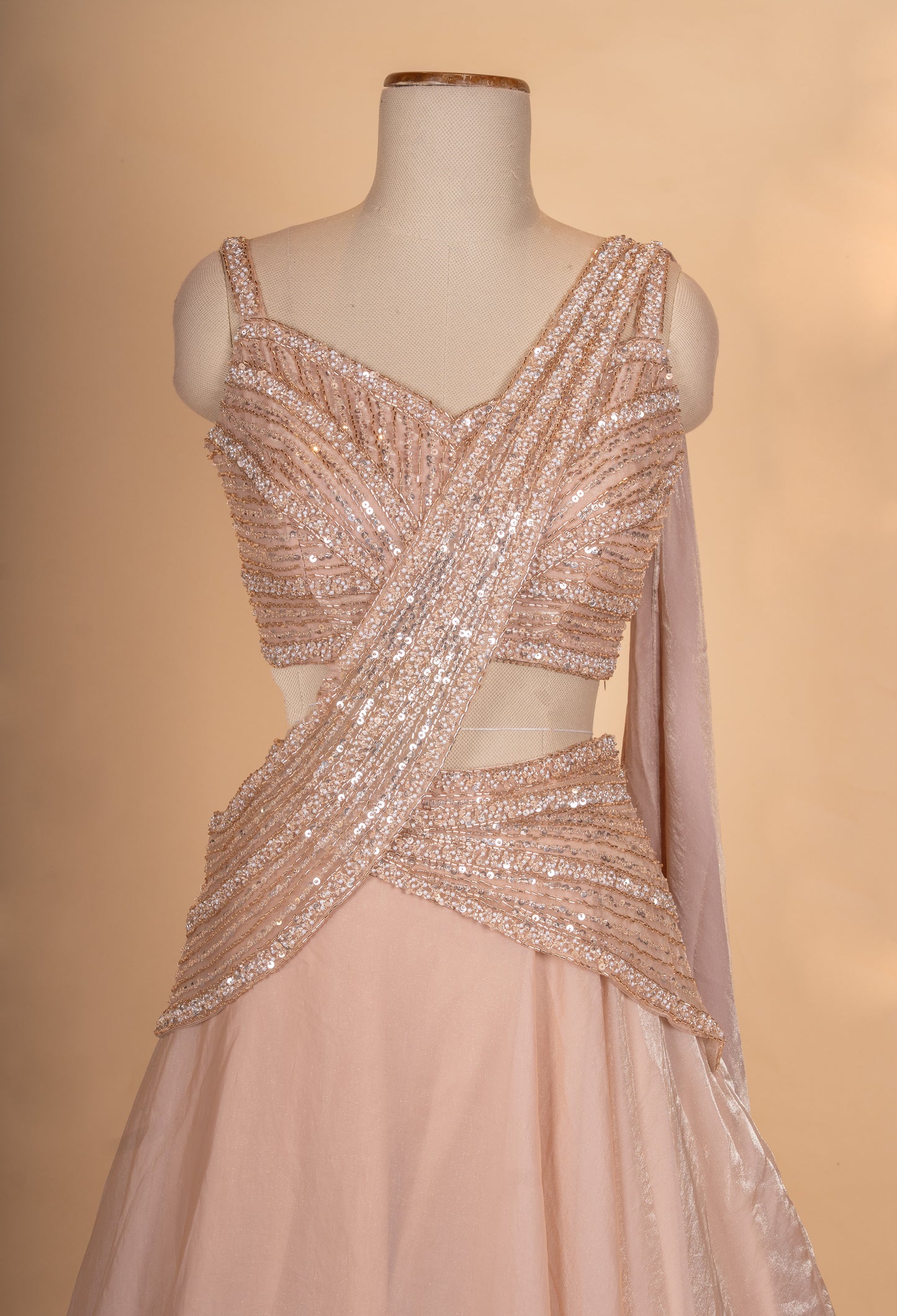 Blush Pink Sequin Embroidered Lehenga Set with Drape Dupatta for Women