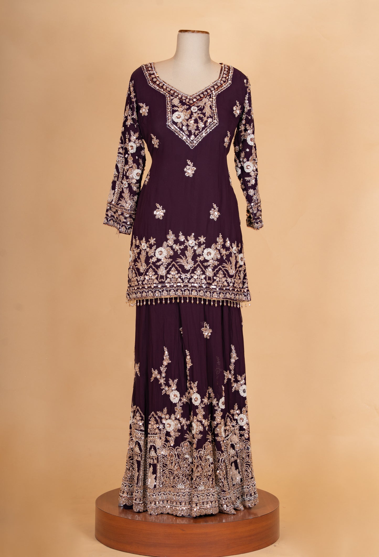 Wine Purple Embroidered Kurta Sharara Set with Dupatta for Women