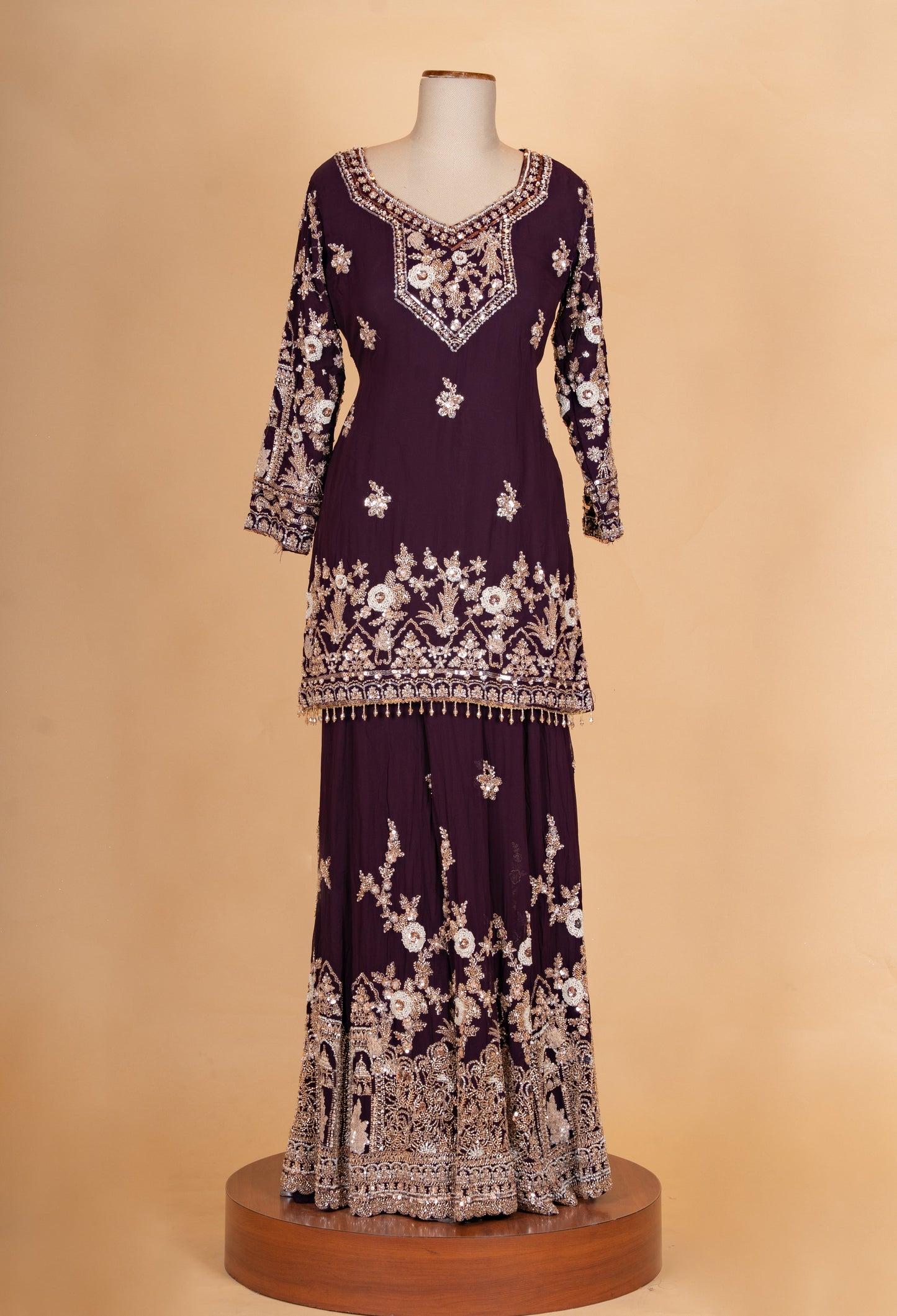 Wine Purple | Wine purple embroidered kurta sharara set with dupatta – product image 2 | 2