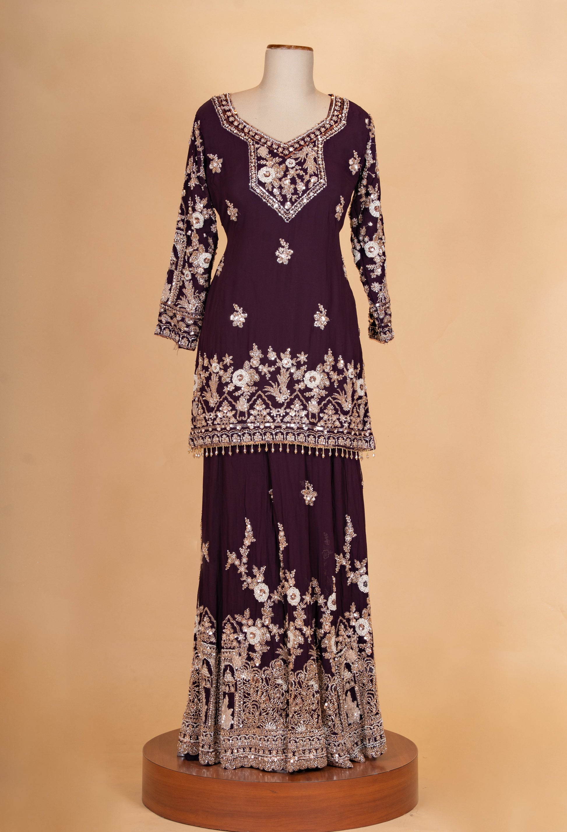 Wine Purple | Wine purple embroidered kurta sharara set with dupatta – product image 2 | 2