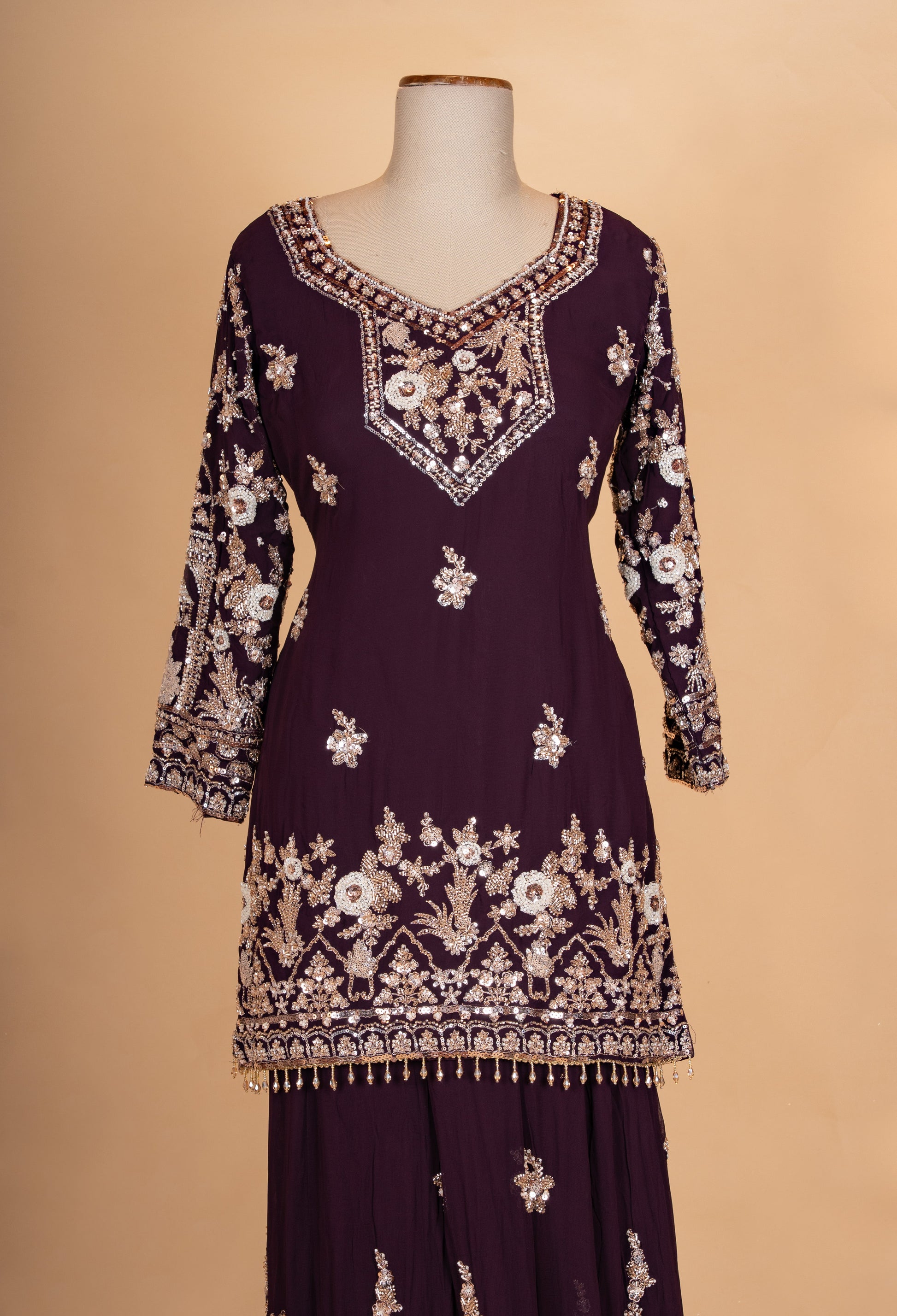 Wine Purple | Wine purple embroidered kurta sharara set with dupatta – product image 3 | 3