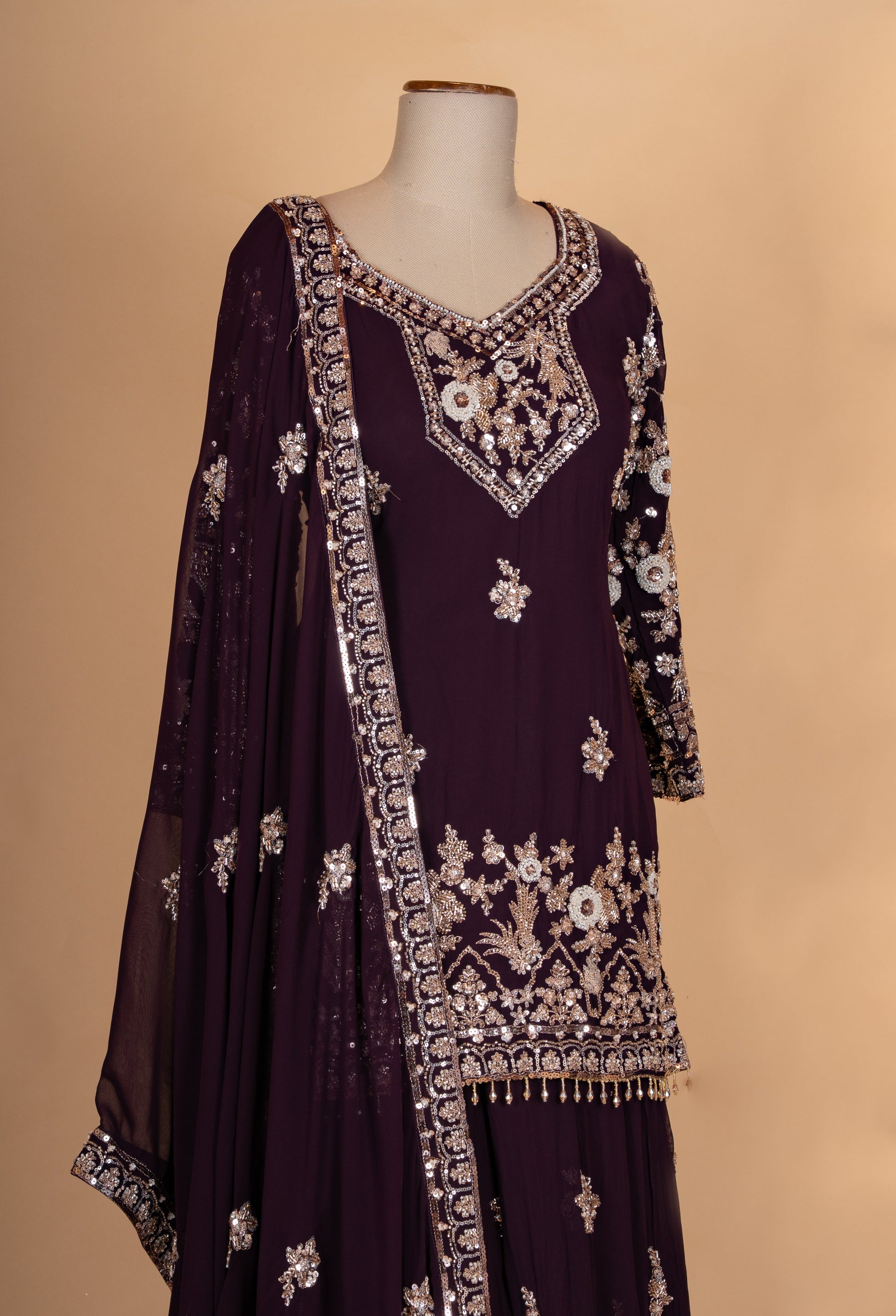 Wine Purple | Wine purple embroidered kurta sharara set with dupatta – product image 4 | 4