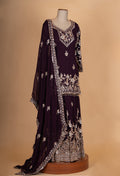 Wine Purple Embroidered Kurta Sharara Set with Dupatta for Women