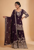 Wine Purple | Wine purple embroidered kurta sharara set with dupatta – product image 1 | 1