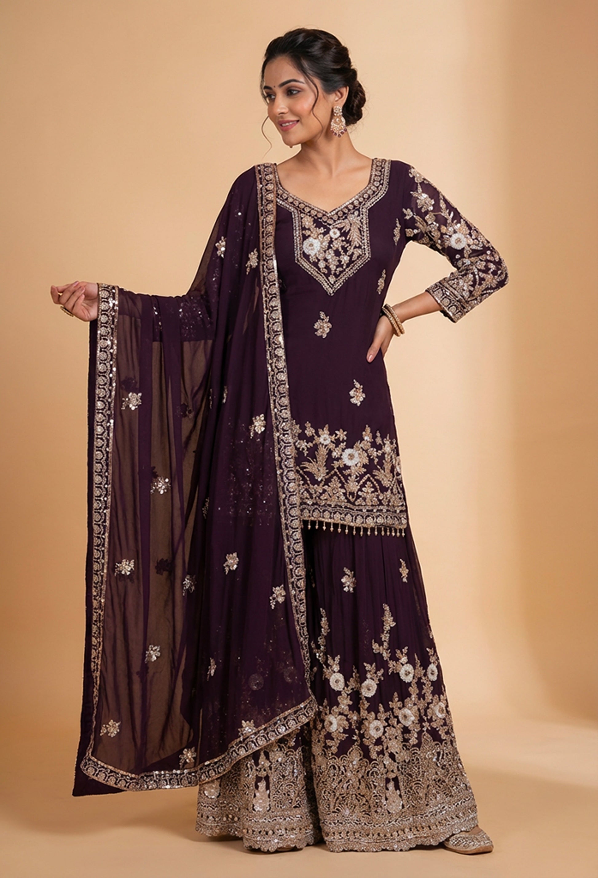 Wine Purple | Wine purple embroidered kurta sharara set with dupatta – product image 1 | 1