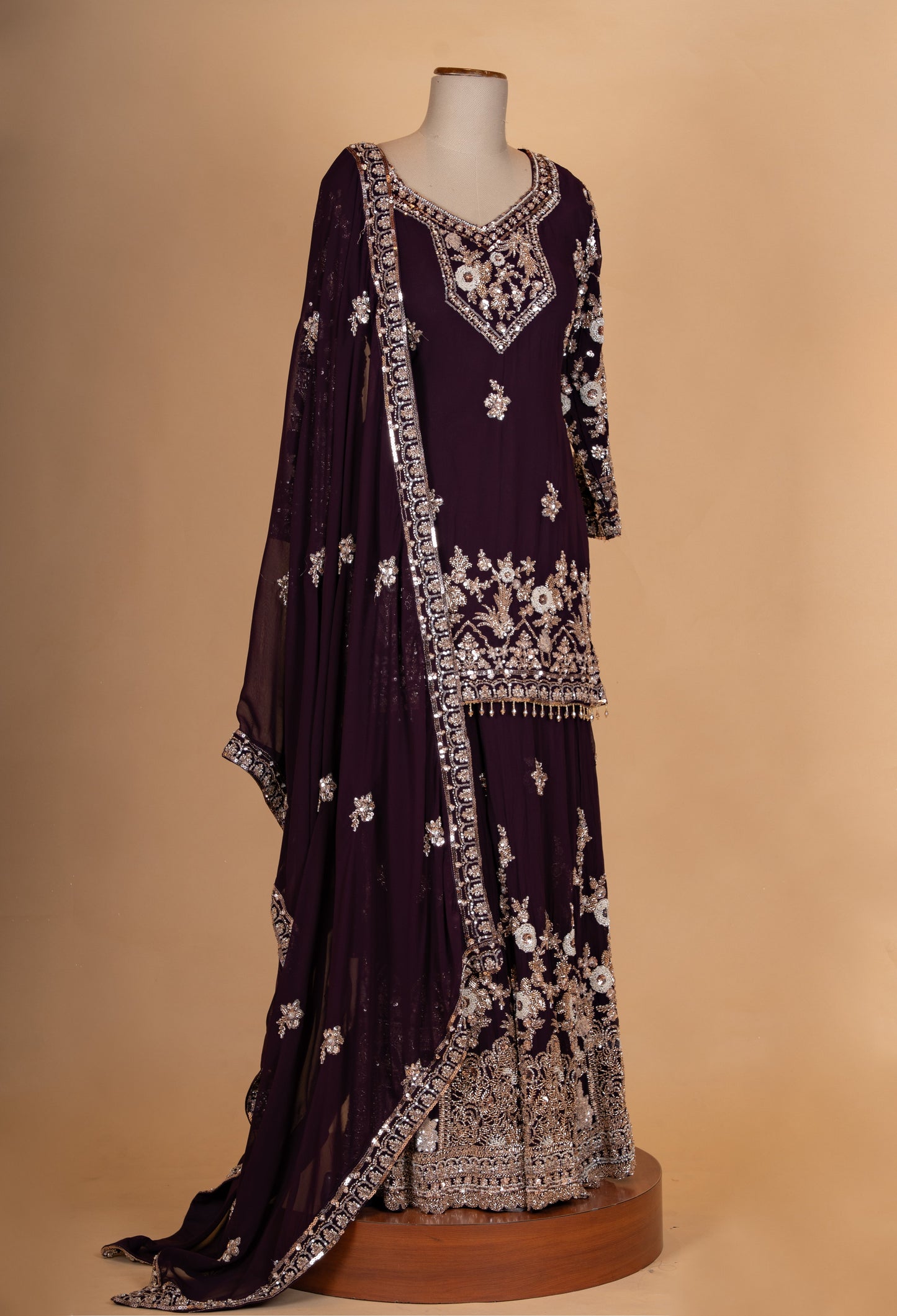 Wine Purple | Wine purple embroidered kurta sharara set with dupatta – product image 5 | 5