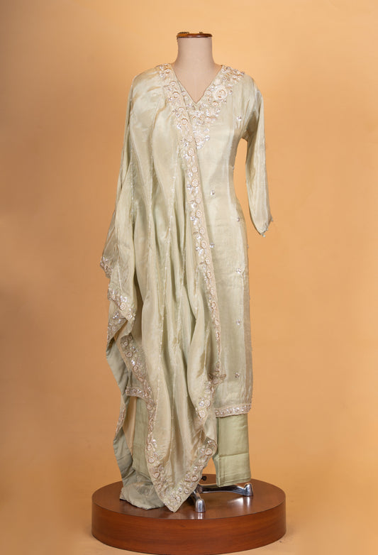 Sage green embroidered silk kurta set with pants and dupatta – product image 2