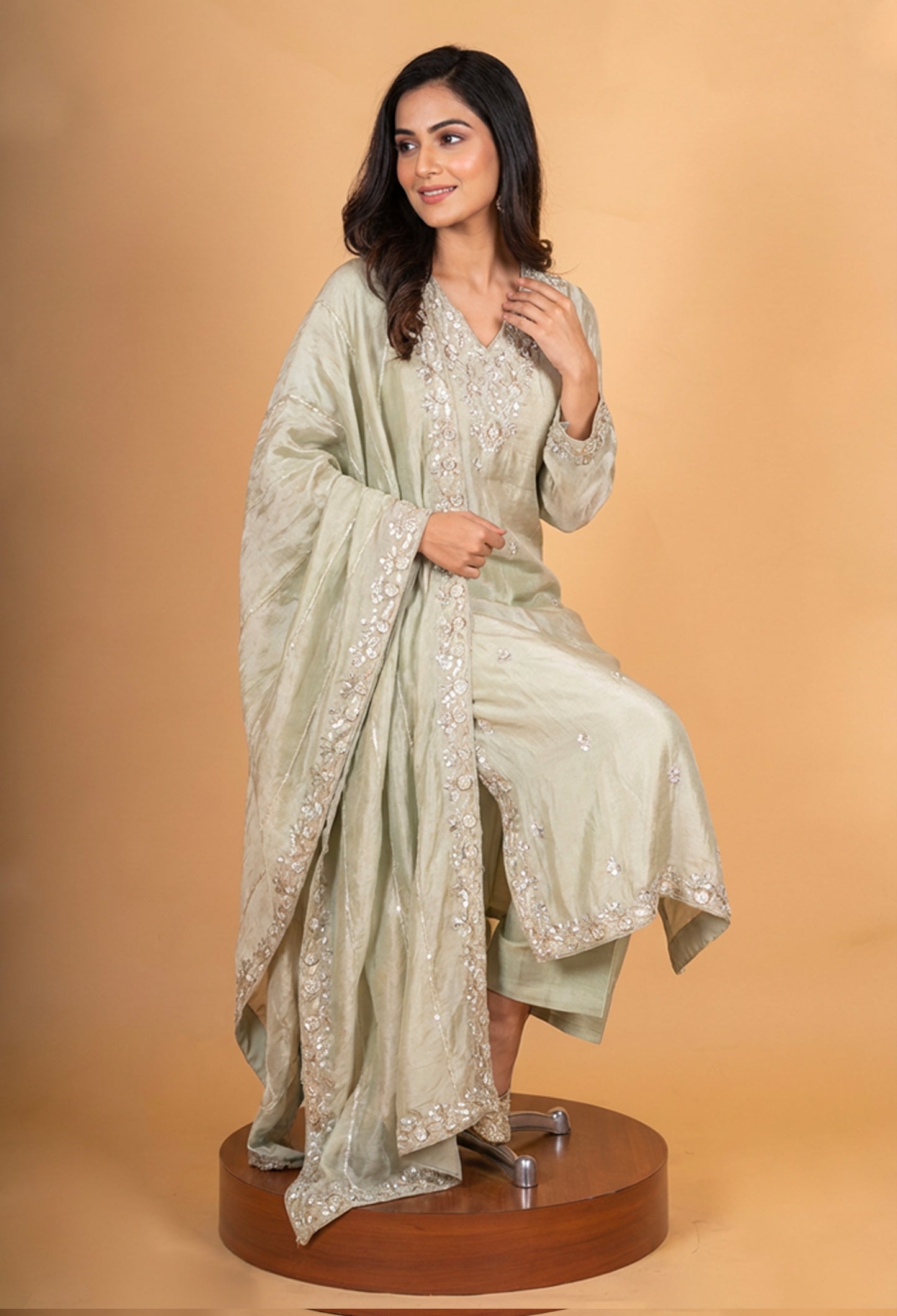 Elegant Sage Green Embroidered Silk Kurta Set with Dupatta for Women