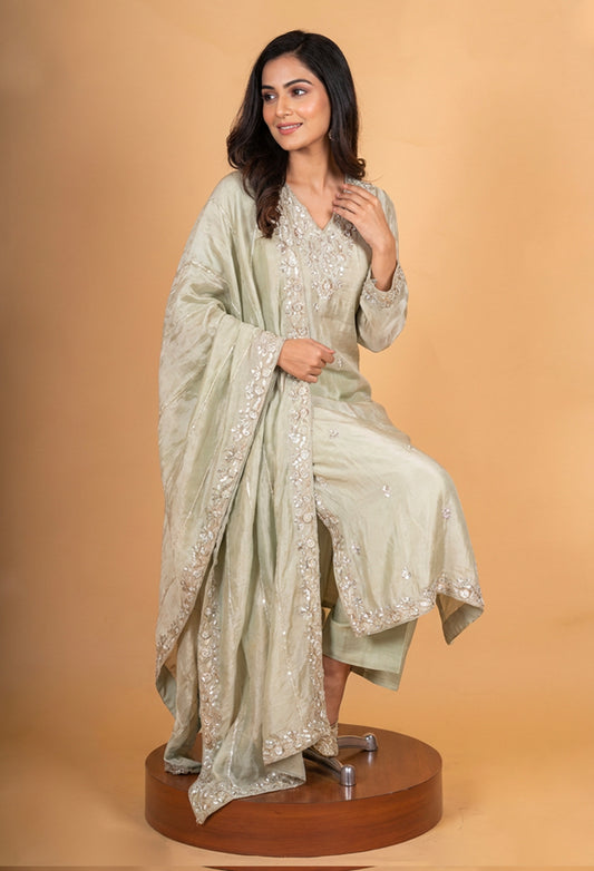 Elegant Sage Green Embroidered Silk Kurta Set with Dupatta for Women