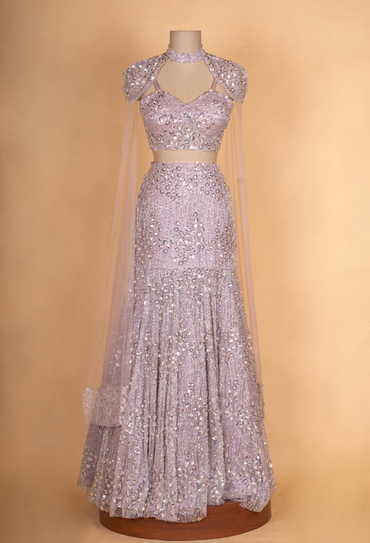 Designer Mauve Embellished Lehenga Choli with Cape Dupatta | Luxury Party Wear Set - view 2