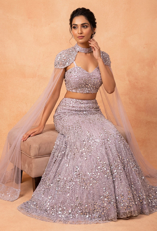 Designer Mauve Embellished Lehenga Choli with Cape Dupatta | Luxury Party Wear Set
