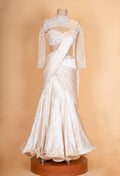 Elegant Ivory Draped Saree Lehenga with Embroidered Blouse & Sheer Dupatta