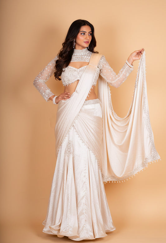 Elegant Ivory Draped Saree Lehenga with Embroidered Blouse & Sheer Dupatta