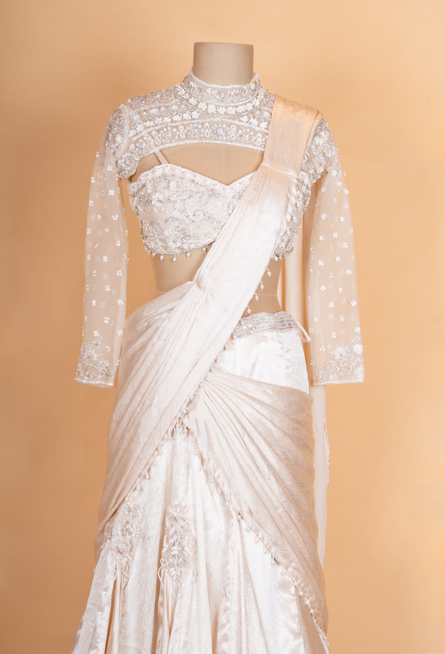 Elegant Ivory Draped Saree Lehenga with Embroidered Blouse & Sheer Dupatta