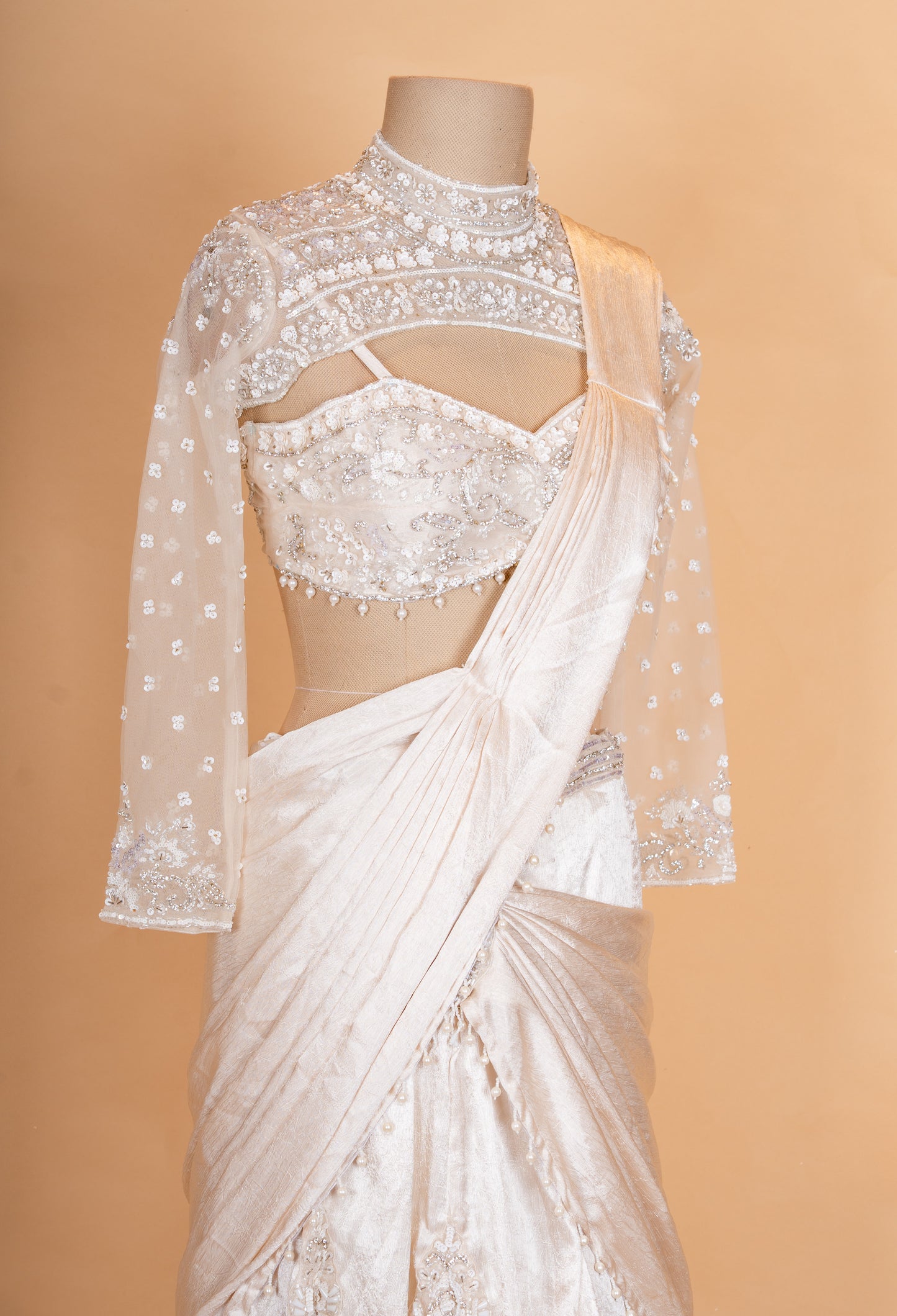 Elegant Ivory Draped Saree Lehenga with Embroidered Blouse & Sheer Dupatta