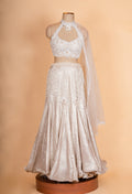 Luxury Champagne Gold Embellished Lehenga Choli with Halter Neck Blouse & Sheer Dupatta