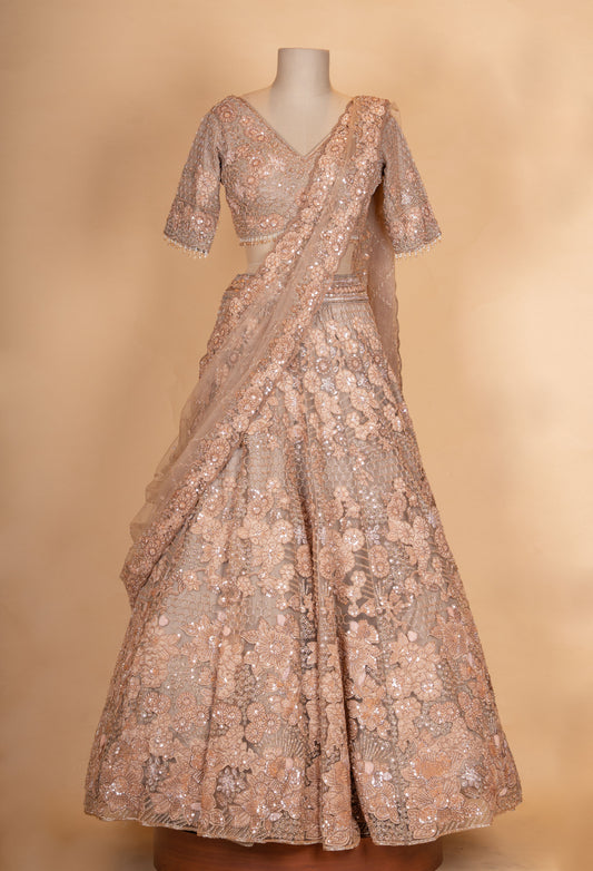Nude beige floral embroidered lehenga choli with sheer dupatta – product image 2