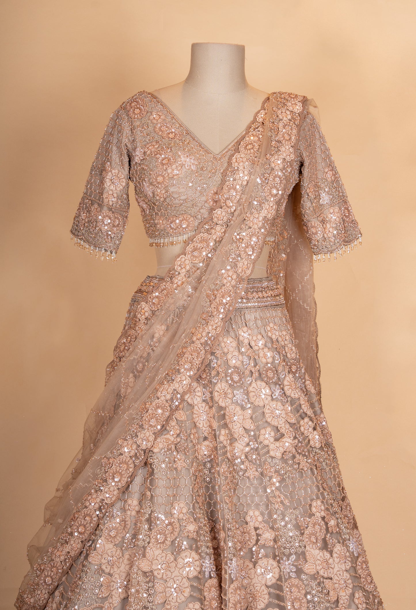 Luxury Nude Beige Floral Embroidered Lehenga Choli with Sheer Dupatta | Designer Wedding Wear