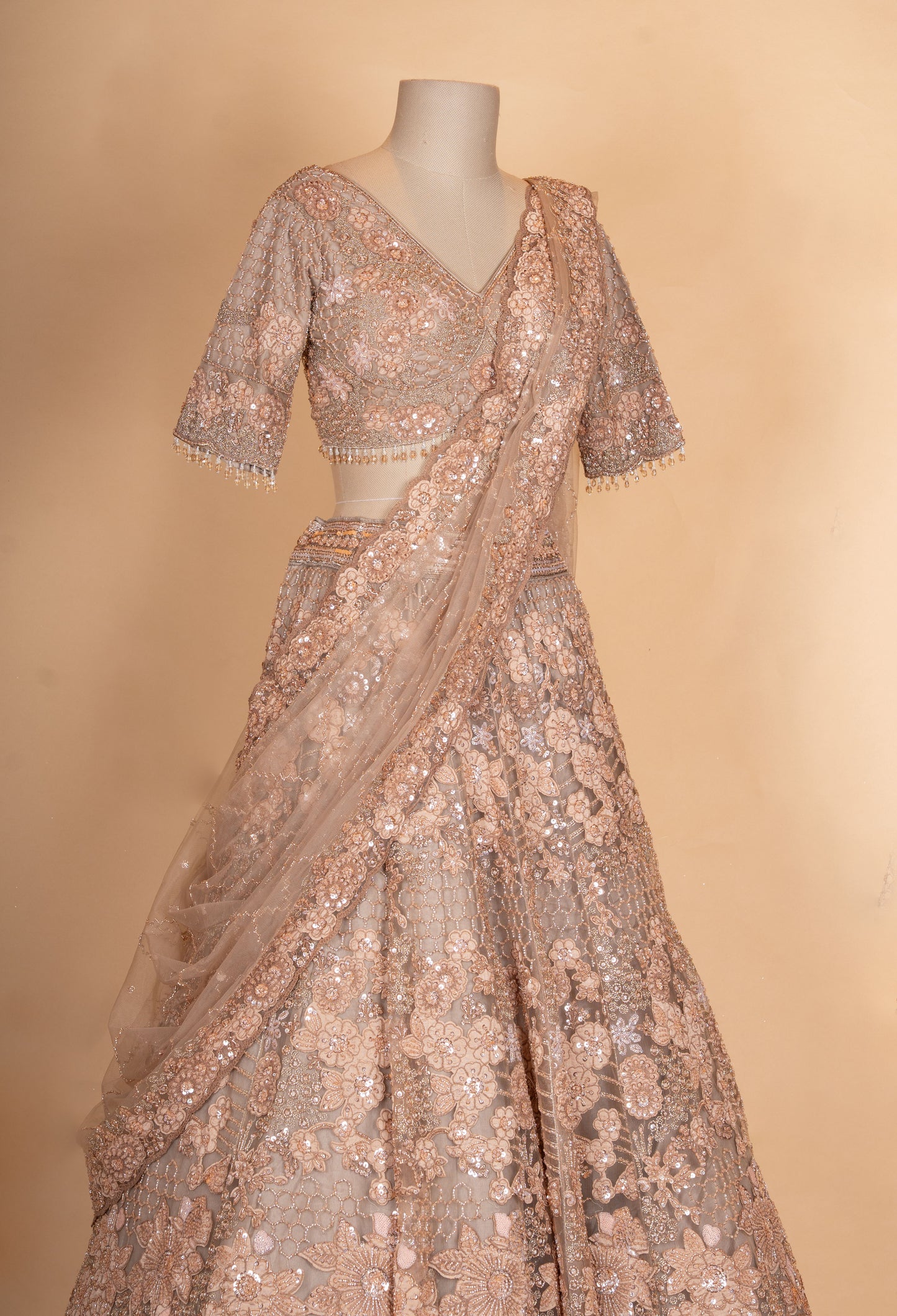Luxury Nude Beige Floral Embroidered Lehenga Choli with Sheer Dupatta | Designer Wedding Wear
