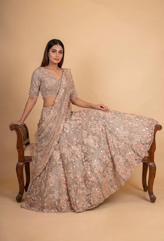 Luxury Nude Beige Floral Embroidered Lehenga Choli with Sheer Dupatta | Designer Wedding Wear