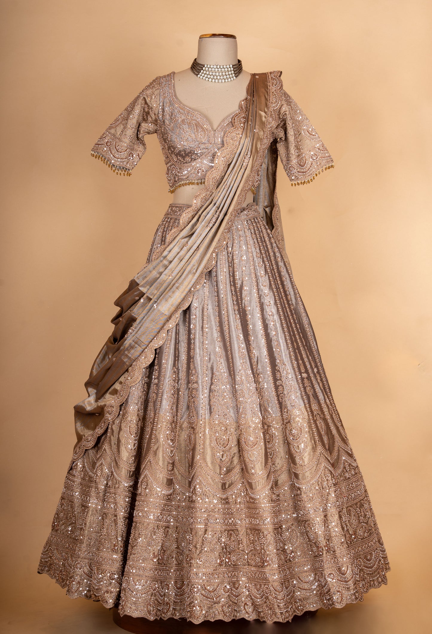 Elegant Bronze Gold Embroidered Lehenga Choli with Pleated Dupatta | Designer Wedding Wear
