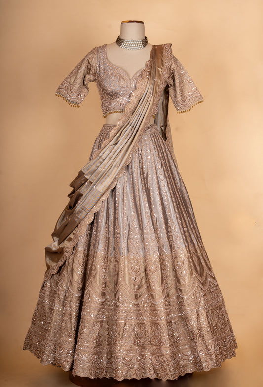 Bronze gold embroidered lehenga choli with pleated dupatta – product image 2
