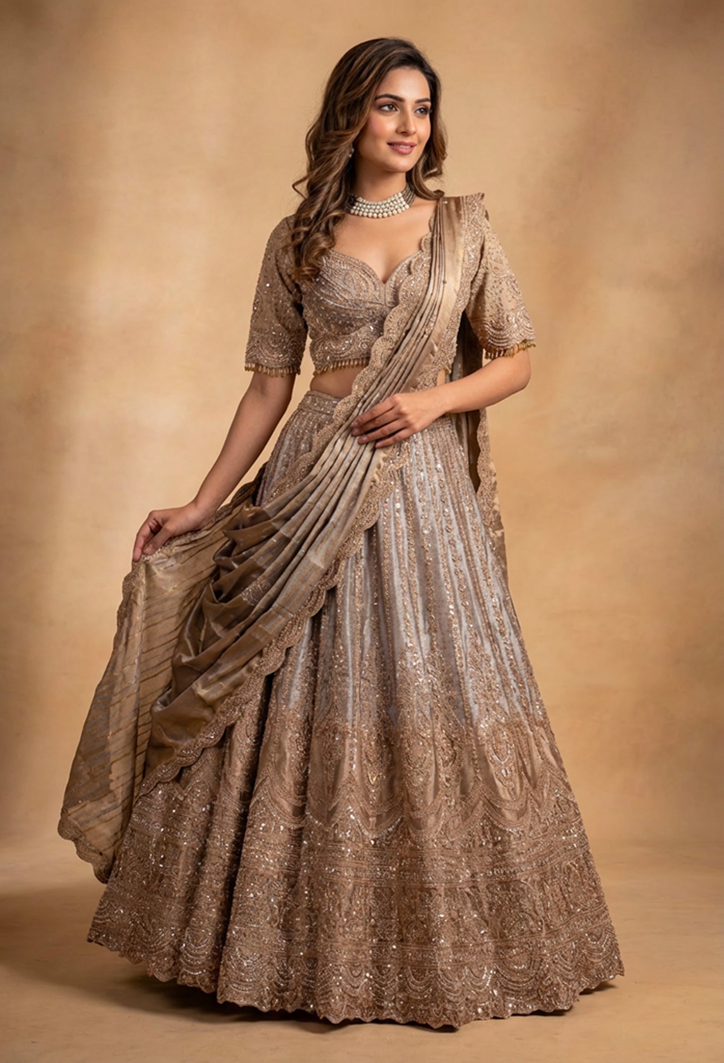 Elegant Bronze Gold Embroidered Lehenga Choli with Pleated Dupatta | Designer Wedding Wear