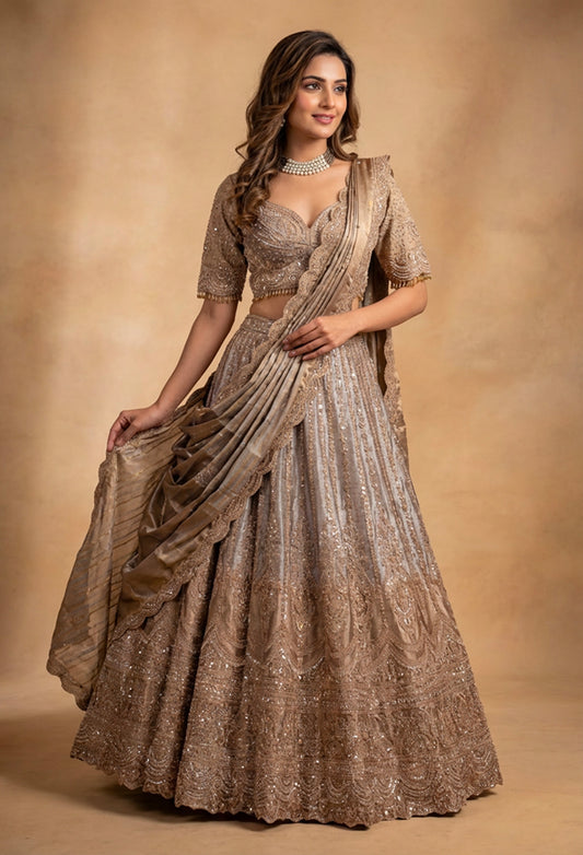 Elegant Bronze Gold Embroidered Lehenga Choli with Pleated Dupatta | Designer Wedding Wear