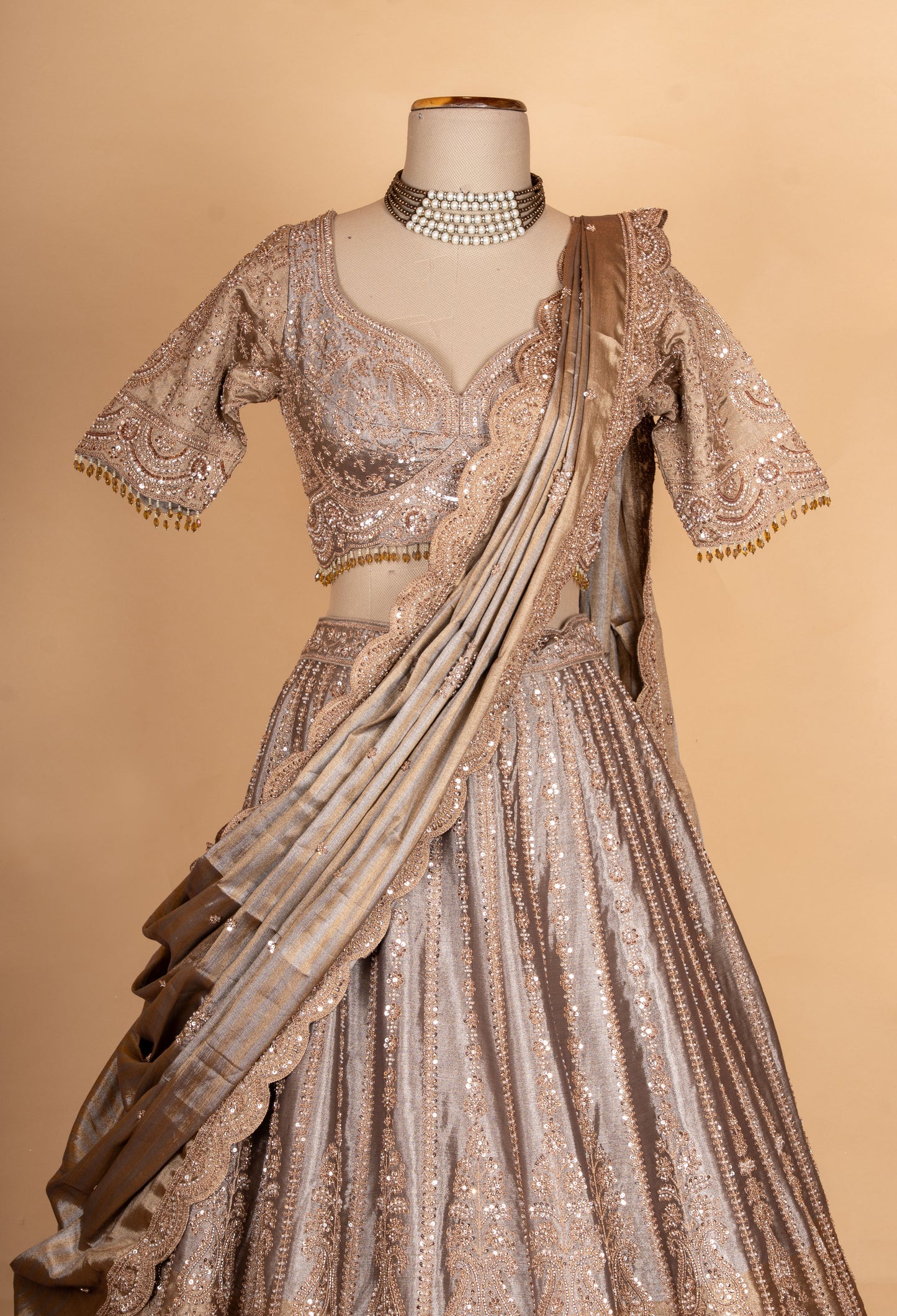 Elegant Bronze Gold Embroidered Lehenga Choli with Pleated Dupatta | Designer Wedding Wear
