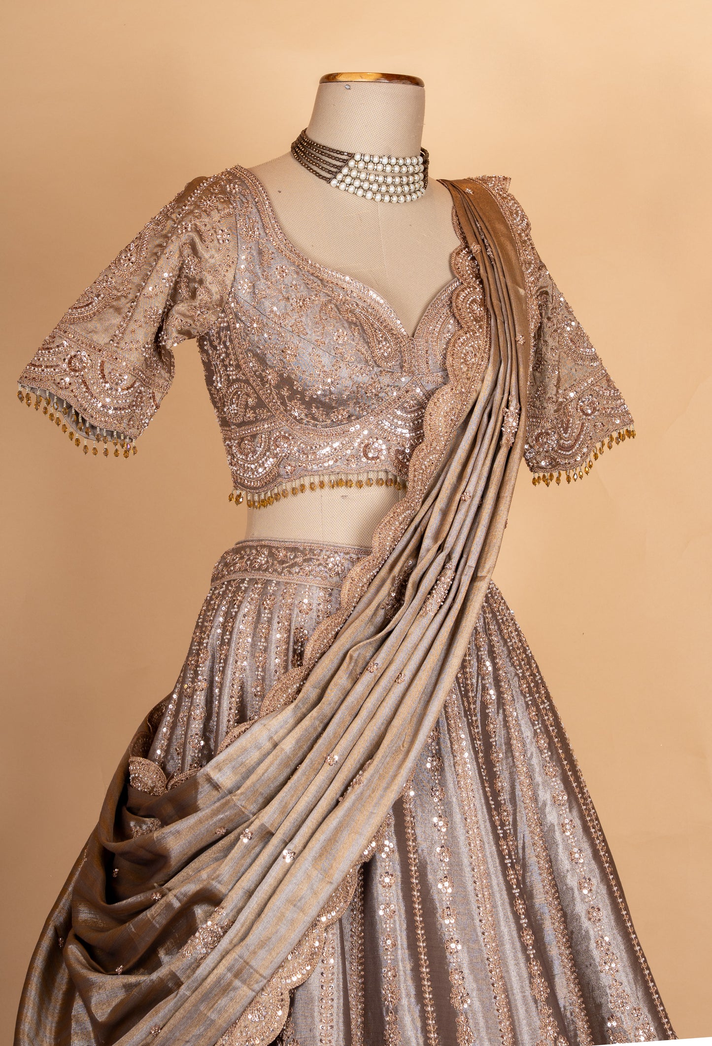 Elegant Bronze Gold Embroidered Lehenga Choli with Pleated Dupatta | Designer Wedding Wear