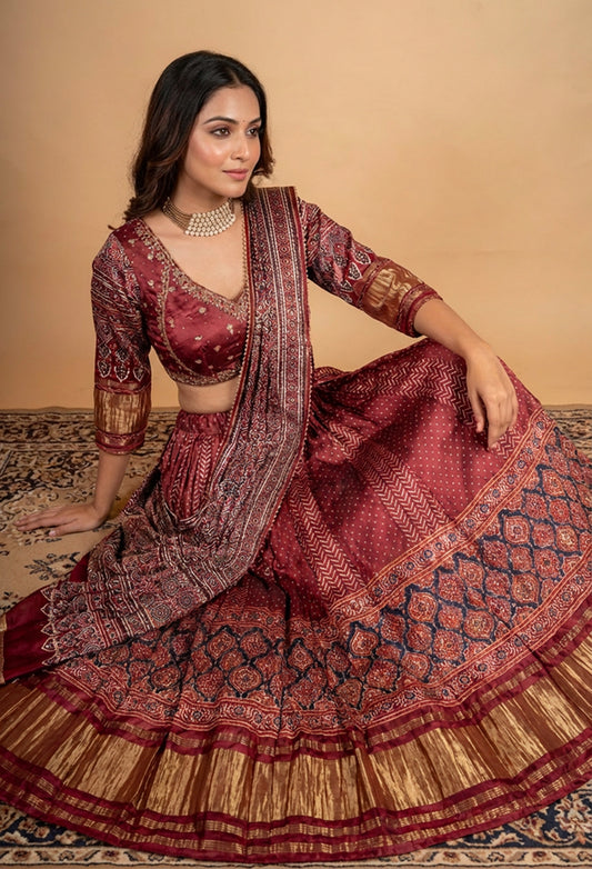 Royal Maroon Handcrafted Bridal Lehenga Set with Intricate Heritage Weave & Dupatta