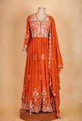 Rust Orange Embroidered Anarkali Suit Set with Dupatta for Women